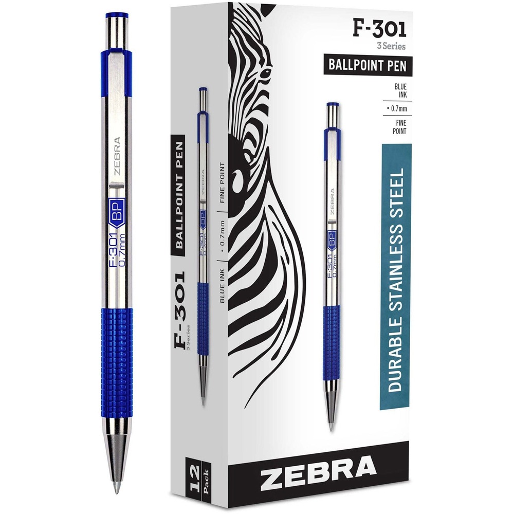 ZEB27120 - Retractable ballpoint pen features a contemporary, stainless steel barrel with stylish design and world-class quality. The lightweight yet durable stainless steel barrel provides a modern and attractive appearance. F-301 Stainless Steel Pen also features a nonslip grip for writing comfort and ease. Sturdy, metal pocket clip allows easy storage and accessibility. Ballpoint pen is refillable with Zebra's F-Refill. More from the ManufacturerRebate: $15 Gift Card w $50 Zebra Pen Purchase View Rebate Details