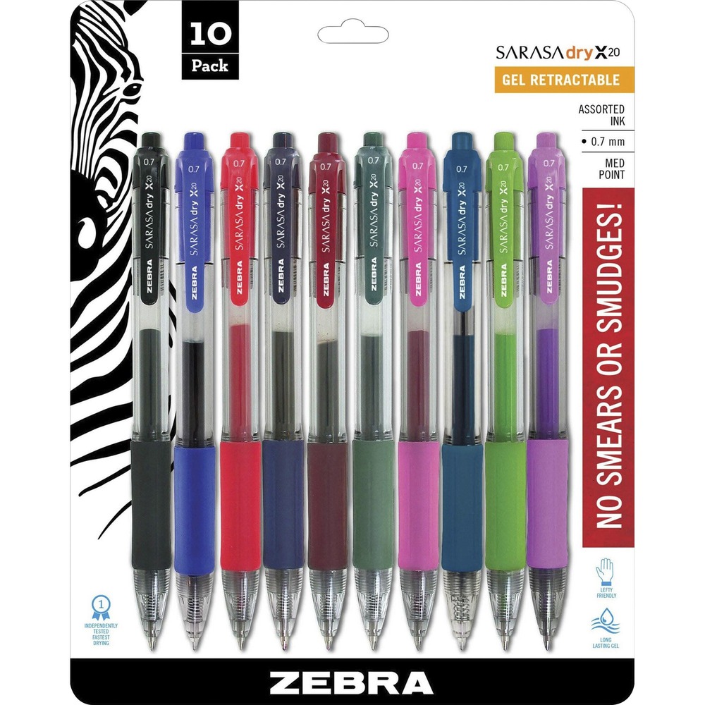 ZEB46881 - Sarasa Gel Retractable Pens feature Evolutionary Rapid Dry Ink Technology that dries in less than a second, eliminating messy smears and smudges. Ultra-smooth ink glide promotes a flowing yet crisp writing experience. Latex-free, nonslip comfort rubber grip provides writing comfort and control. Smooth gel ink delivers scratch-free writing. Translucent barrel provides visible ink color and supply. Ink is acid-free and archival quality. Pens are refillable with Zebra's JF-Refill. More from the Manufacturer