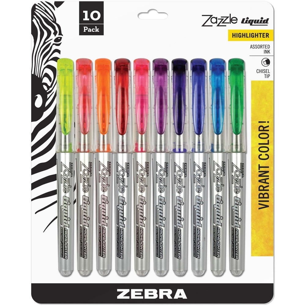 ZEB71111 - Zazzle Liquid Highlighter features liquid ink technology that promotes a smooth ink glide across the surface for vibrant color lay-down and quick-drying performance. Chisel tip is ideal for underlining or bold marking. See-through barrel allows visible ink color and supply. Nonrefillable highlighter also includes a pocket clip for easy clasping. 10 vivid colors include tangerine, dark blue, light blue, red, green, yellow, pink, violet, orange and orchid. More from the Manufacturer