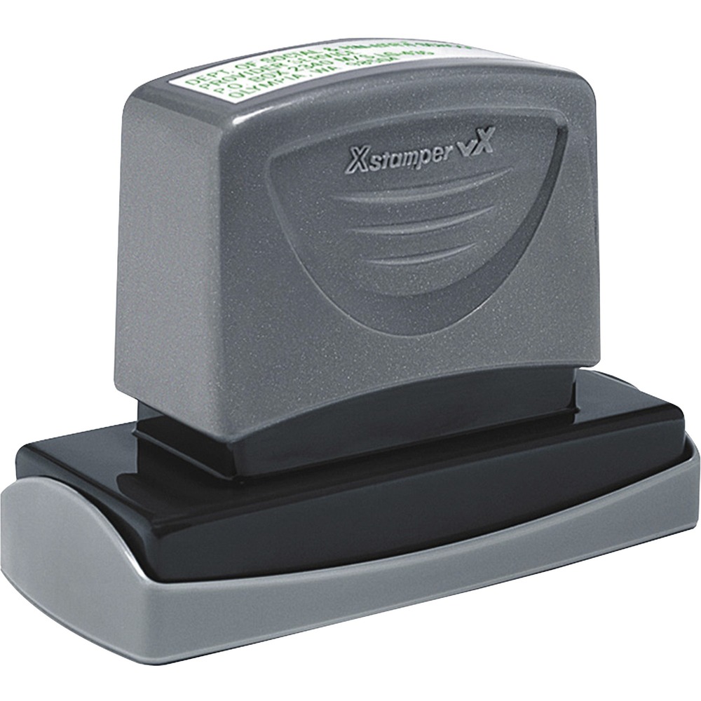 XSTC18 - VX pre-inked stamps are designed for maximum performance. Stamps do not need a separate stamp pad, are easy to re-ink and convenient to use. Ergonomic plastic mount has a cap that keeps ink away from surfaces. The laser-engraved rubber ensures thousands of clean, clear impressions. Contact customer service to customize dater. Complete orders are shipped within 48 hours of receipt by Xstamper.