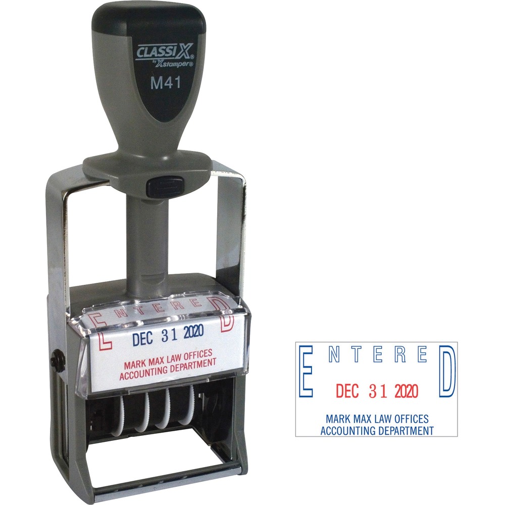 XSTM41 - Self-inking date stamp delivers up to four lines with 25 characters per line. Ideal for messages, dates and information. No stamp pad required. Heavy-duty plastic frame provides years of service. Stamp has replaceable ink cartridges and contains a high percentage of recycled material. Contact customer service to customize stamp. Complete orders are shipped within 48 hours of receipt by Xstamper.
