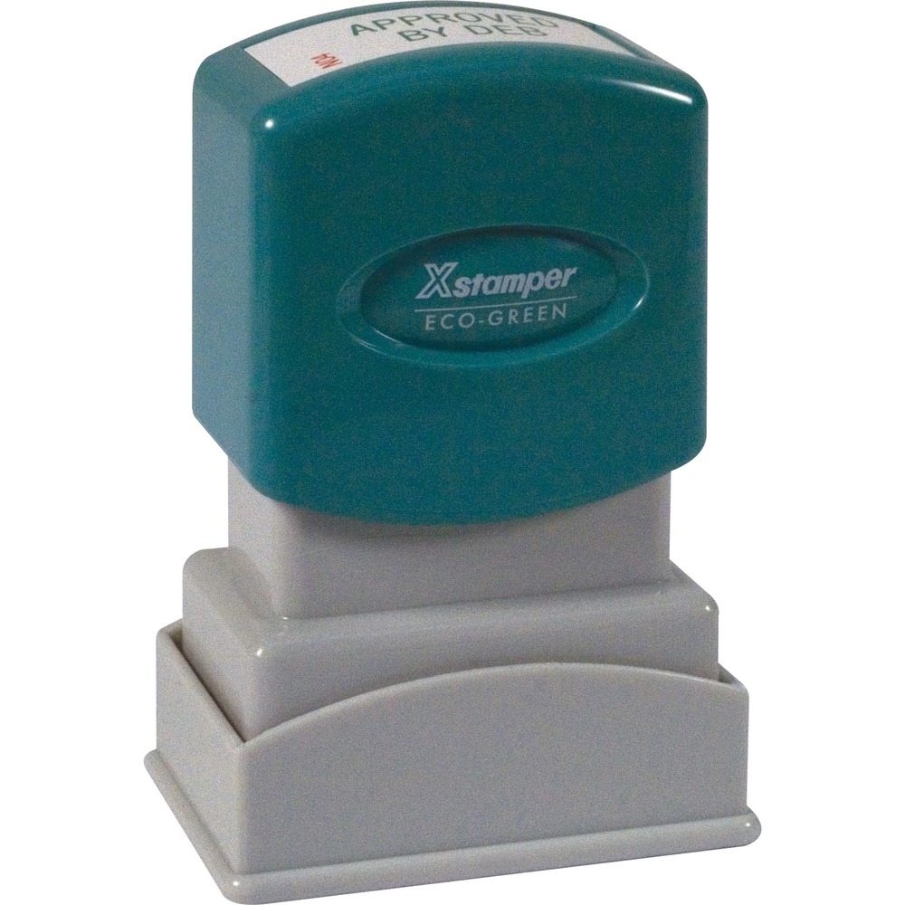 XSTN04 - Personalize with a message, signature, logo or artwork. Use your original artwork or select any of an established impression styles. Xstamper Small Address/Inspection Stamp offers an ergonomic SureGrip design. Print copy horizontally or vertically. Stamp is pre-inked in either choice of red, black, blue, green or purple and dispenses 50,000 impressions before it needs to be re-inked. Offers a maximum 4 lines with 15 characters per line. Impression size: 1/2" x 1-1/16". Contact customer service to customize stamp. Complete orders are shipped within 48 hours of receipt by Xstamper.