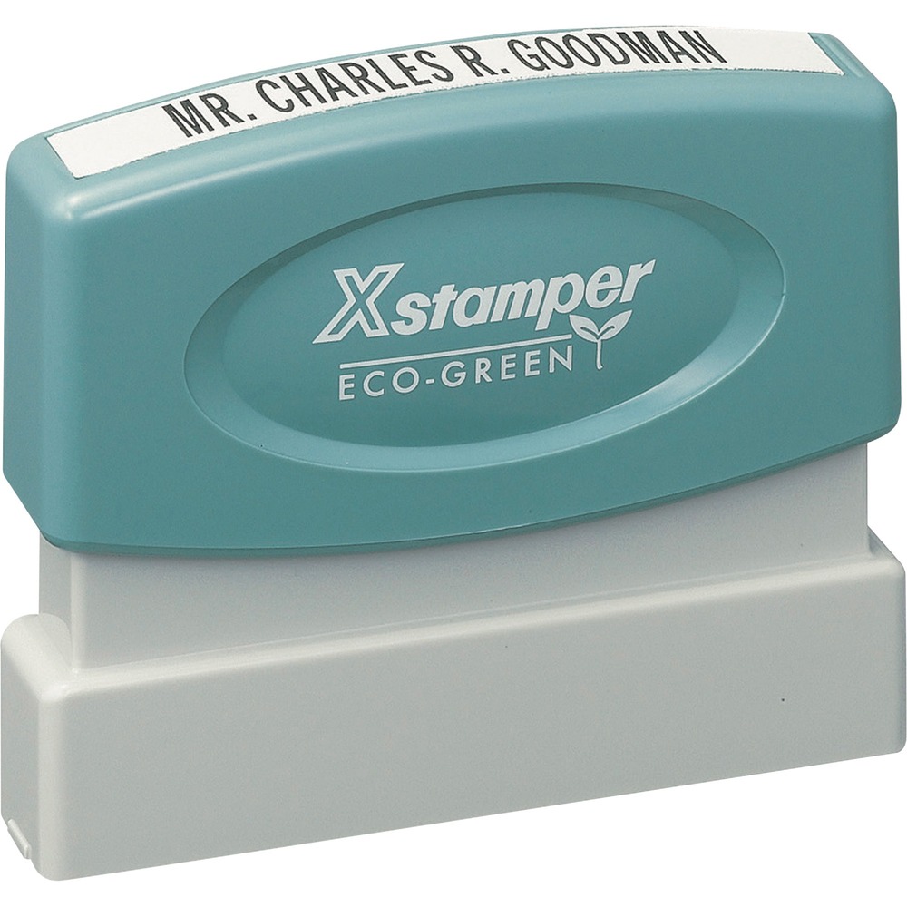XSTN05 - Personalize with a message, signature, logo or artwork. Custom stamp delivers one line with a maximum of 31 characters. Ideal for email address or a company's name at the check register. Ergonomic stamp is pre-inked in either choice of red, black, blue, green or purple, and dispenses up to 50,000 impressions before re-inking. Impression size is 1/8" x 2-3/8". Contact customer service to customize your stamp. Complete orders are shipped within 48 hours of receipt by Xstamper.