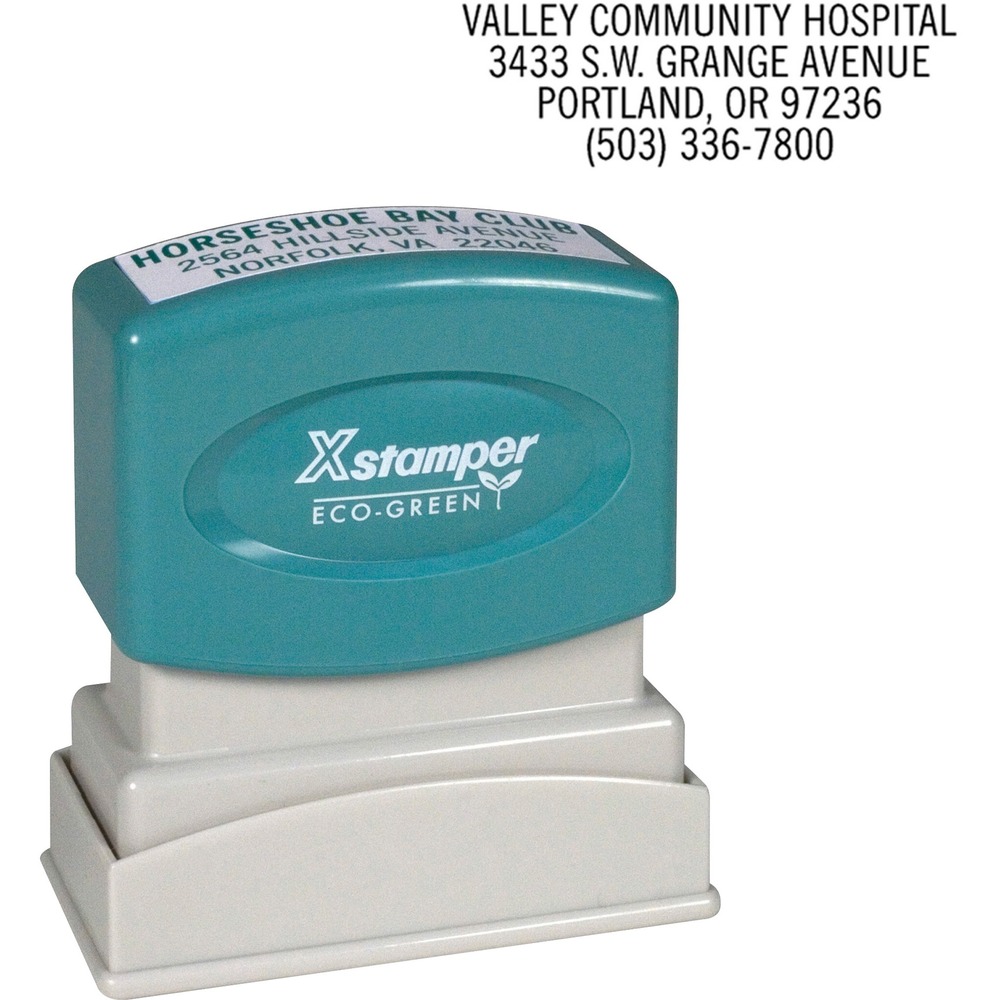 XSTN10 - Personalize Return Address Stamp with a message, signature, logo or artwork. Custom stamp delivers one to four lines, each with a maximum of 22 characters. Ideal for stamping return address on envelopes and stationery. Stamp is pre-inked in either choice of red, black, blue, green or purple and dispenses up to 50,000 impressions before re-inking. Impression size is 1/2" x 1-5/8". Ergonomic stamp contains a high percentage of recycled material. Contact customer service to customize your stamp. Complete orders are shipped within 48 hours of receipt by Xstamper.