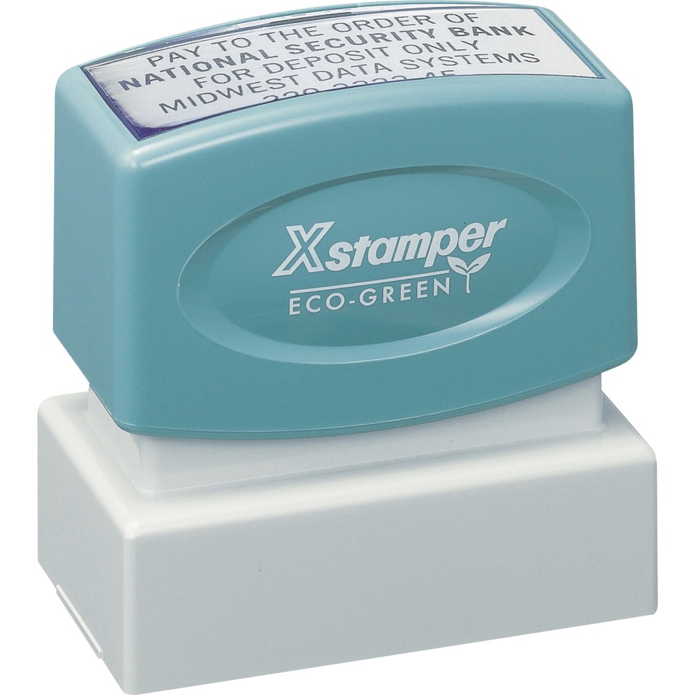 XSTN12 - Personalize with a message, signature, logo or artwork. Custom stamp delivers one to seven lines, each with a maximum of 26 characters. Ideal for check endorsements, larger addresses or special messages. Stamp is pre-inked in either choice of red, black, blue, green or purple, and dispenses up to 50,000 impressions before re-inking. Handle has ergonomic design. Impression size is 1" x 2". Stamp contains a high percentage of recycled material. Contact customer service to customize your stamp. Complete orders are shipped within 48 hours of receipt by Xstamper.