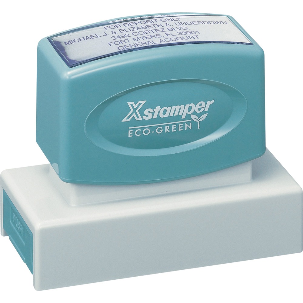 XSTN18 - Personalize with a message, signature, logo or artwork. Custom stamp delivers one to six lines, each with a maximum of 37 characters. Ideal for large business address stamps. Stamp is pre-inked in either choice of red, black, blue, green, purple, orange, light blue, light green, yellow, pink and brown, and dispenses up to 50,000 impressions before re-inking. Impression size is 7/8" x 2-3/4". Ergonomic stamp contains a high percentage of recycled material. Contact customer service to customize your stamp. Complete orders are shipped within 48 hours of receipt by Xstamper.