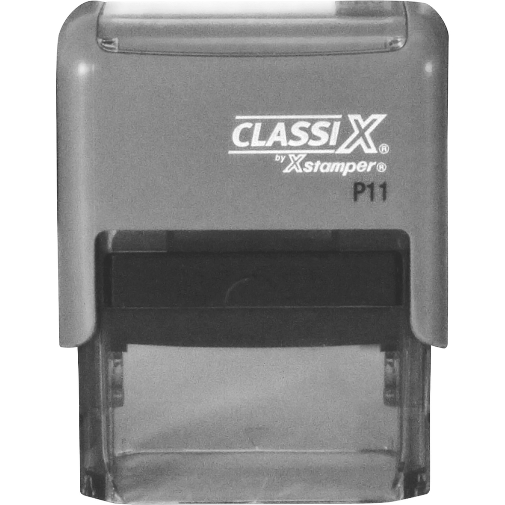 XSTP11 - Use rectangular stamp for addresses and other everyday uses. Photopolymer dye delivers sharp, fast impressions. Alignment marks and see-through base help you put your message right where you want it. Ridges on the side of the mount offer a no-slip grip. Self-inking stamp does not require a separate ink pad because it re-inks after each impression, making it perfect for fast, repetitive use. Classix Custom Stamp features a rugged plastic body for durability. Rubber feet keep the stamp stable and decrease slippage. Ink is available in red, black, blue, green or purple ink. Contact customer service to customize self-inking stamp.