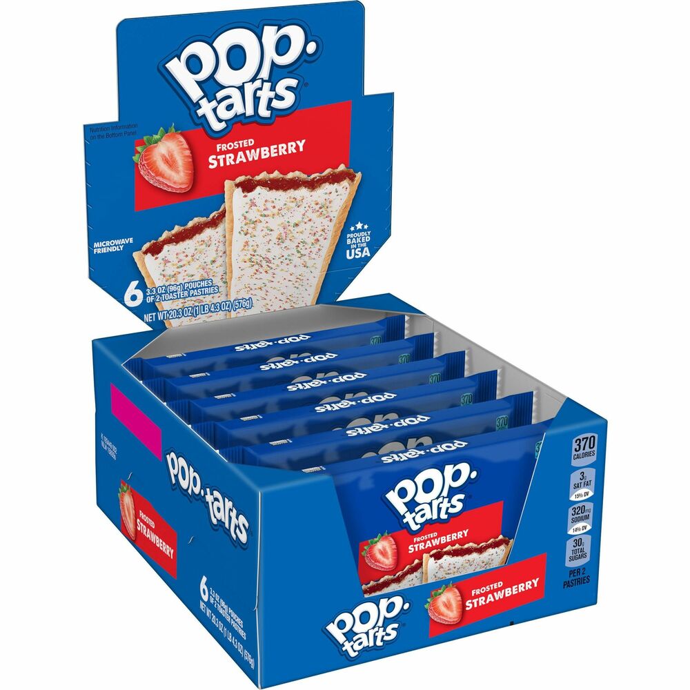 KEB31732 - Single-serve Pop Tarts offer a delicious strawberry-flavored toaster pastry treat. Each pack contains two iced pastries. Take these convenient treats with you or eat them in the office. Hot or cold, they're a great meal or snack any time of day. Enjoy for breakfast, lunch or dinner. More from the Manufacturer