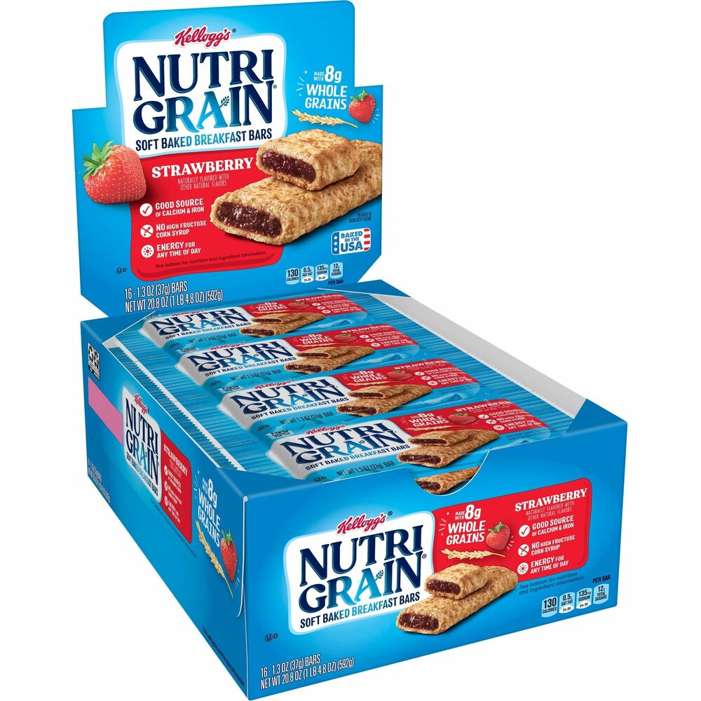 KEB35945 - Nutri-Grain Cereal Bars can inspire you to rise and thrive in the morning. They are made with a soft, golden baked crust of wheat and whole-grain oats and a great-tasting strawberry filling. Low-fat, breakfast bars are calcium-enriched. They are wrapped individually to keep them fresh. More from the Manufacturer