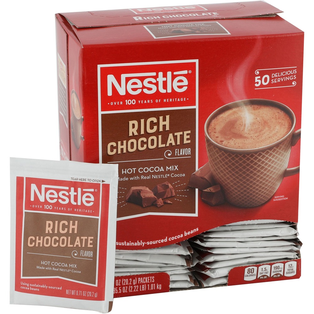 NES25485 - Nestle Rich Chocolate Hot Cocoa Mix is rich-tasting with vanilla notes that creates an indulgent chocolate flavor. Kosher dairy mix is made with real Nestle cocoa using sustainably sourced cocoa beans and is part of the Nestle Cocoa Plan to promote better farming, better lives and better cocoa. Just add hot water or milk and treat yourself to a delicious, 99.9 percent caffeine-free cup of cocoa. Single-serve packets are perfect for offices, cafeterias, restaurants and more.
