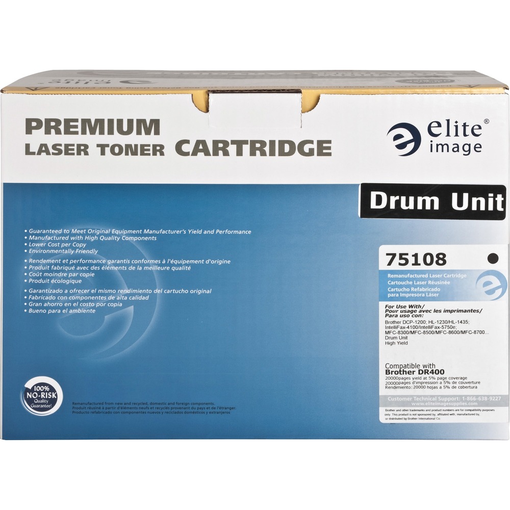 ELI75108 - Premium remanufactured drum is designed for use with Brother HL-1230, 1240, 1250, 1270N, 1435, 1440, 1450, 1470N; PPF 4100E, 4750, 4750E, 5750, 5750E; MFC8300, 8500, 8600, 8700, 9600, 9700, 9800, P2500; Fax 4100E, 4750, 4750E, 5750, 5750E; DCP 1200 and 1400. Drum yields 20,000 pages. More from the Manufacturer