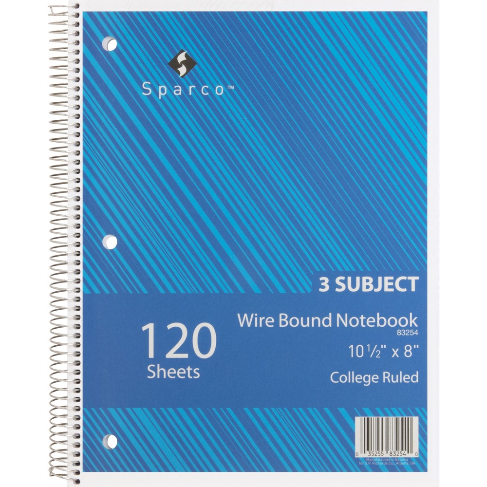SPR83254 - Wire-bound, three-subject notebook features Kraft dividers and a stiff cover and back. Bright-white sheets are college-ruled in blue lines with 1-1/4" left margin in red and offer a 16 lb. weight. Each sheet is perforated for easy tear-out. Notebook is three-hole punched so it's ready for storage or transport in a standard three-ring binder. Notebook contains 120 sheets.
