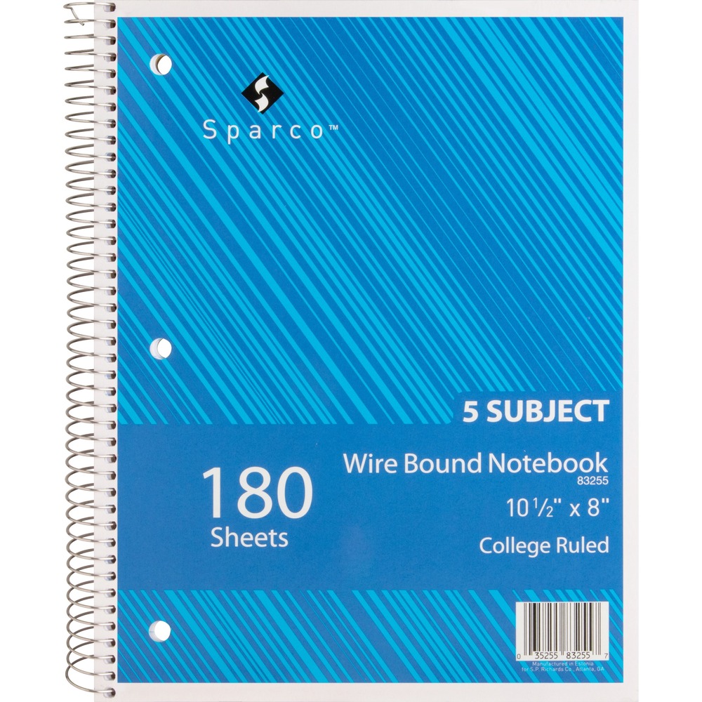 SPR83255 - Wire-bound, five-subject notebook features Kraft dividers and a stiff cover and back. Bright-white sheets are college-ruled in blue lines with 1-1/4" left margin in red and offer a 16 lb. weight. Each sheet is perforated for easy tear-out. Notebook is three-hole punched so it's ready for storage or transport in a standard three-ring binder. Notebook contains 180 sheets.