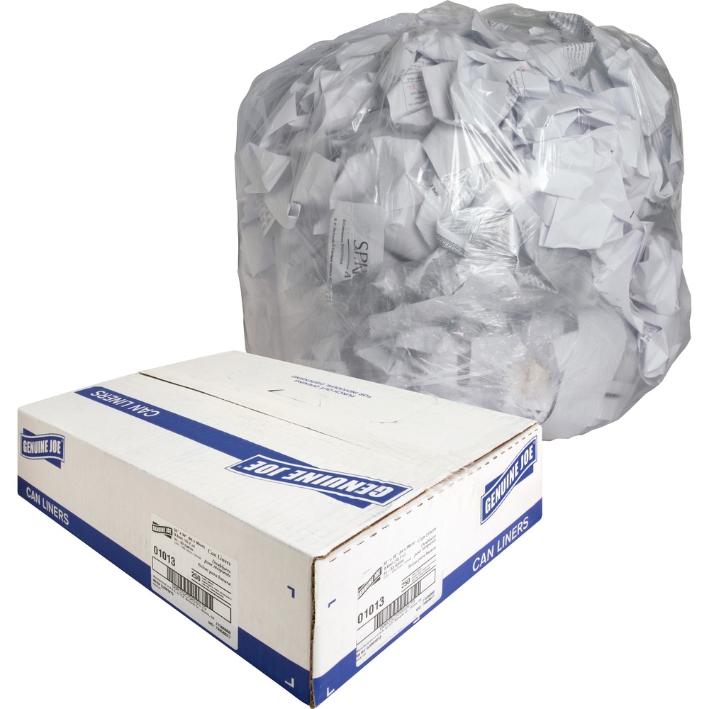 GJO01013 - Trash can liners are ideal for recycling and pilferage control. High-clarity, clear film allows easy viewing of contents inside the linear low-density can liner. Linear low-density polyethylene offers a higher tensile strength and superior impact-resistance and puncture-resistance compared to low-density polyethylene. Star-bottom construction easily conforms to any size trash can and spreads trash around the bottom of the bag. The star seal, or X-seal, is designed for more even distribution of contents. Bags come in a convenient coreless roll for easy dispensing anywhere. Each bag holds 31 to 33 gallons of your garbage. Bags are 0.6 mil thick. The bag size is 33" x 39".