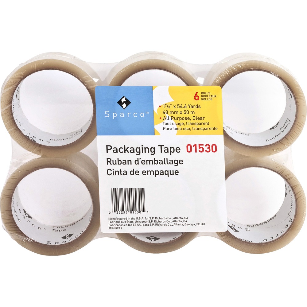 SPR01530 - Strong, general-purpose, hot-melt tape fits most dispensers made for 3" core tapes. Design resists moisture, abrasion and splitting. Transparent tape also offers a 1.9 mil thickness with a 1.6 mil backing thickness.