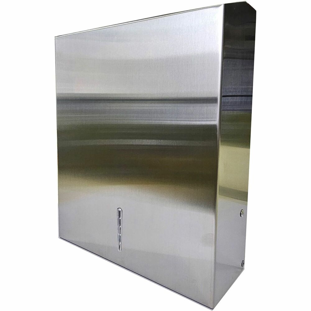 GJO02198 - Metal cabinet is designed to efficiently dispense single, C-fold and multifold towels. Cabinet is made of stainless steel. Slot at the bottom of the dispenser is 10" wide with 2" depth in the middle and 1" depth at the ends of the slot. Wall-mounting hardware includes four screws and four plastic wall plugs.