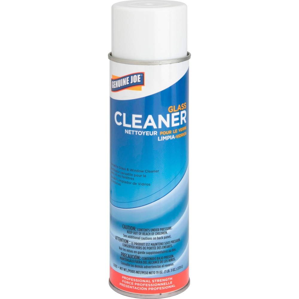 GJO02103 - Glass cleaner in an aerosol container offers professional strength. Ready-to-use, nonstreaking cleaner can be used on most surfaces even Plexiglas. It quickly penetrates grease, grime, smoke and other soils on glass, windows, mirrors, tile, countertops, chrome and plastic surfaces. Glass cleaner leaves a clear, clean shine. 360-degree valve allows the can to spray upside down.