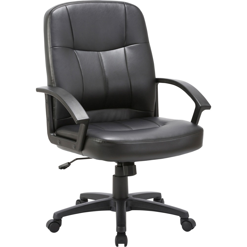 LLR60121 - Managerial mid-back chair offers a fully upholstered design with black, split leather for a rich classic look. Black frame has stylish open loop arms and five-star nylon base with casters for mobility. Functions include pneumatic seat-height adjustment, 360-degree swivel, tilt and tilt tension. Seat cushion is 21-1/2" wide x 19-1/2" deep. Back measures 21" wide x 25-1/2" high. Mid-back chair meets the CA117 fire-retardant standard. More from the Manufacturer