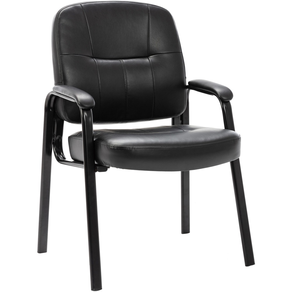 LLR60122 - Executive guest chair offers a sophisticated look for any lobby, reception area or conference room. Design features fully upholstered seating with black, split leather for a rich classic look. Guest chair features stylish open loop arms and a black steel frame. Seat height is 18-3/4". Chair meets the CA117 fire-retardant standard.