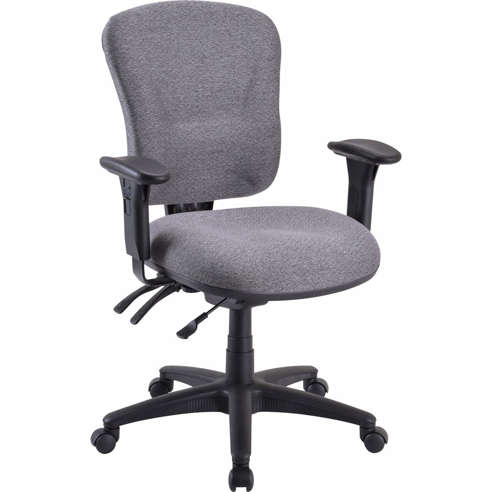 LLR66125 - Mid-back task chair features adjustable arms and molded foam, contoured seat and back that provide long-lasting comfort. Waterfall seat provides under-thigh support. Arms adjust in width from 18" to 19-1/2". Functions include pneumatic seat-height adjustment (18-1/10" to 21-7/10" high from the floor), back-height adjustment, 360-degree swivel, tilt tension, tilt lock and asynchronous control. Waterfall seat provides under thigh support. Task chair offers a 275 lb. capacity and is available in black frame only. The fabric is 100 percent polyester.