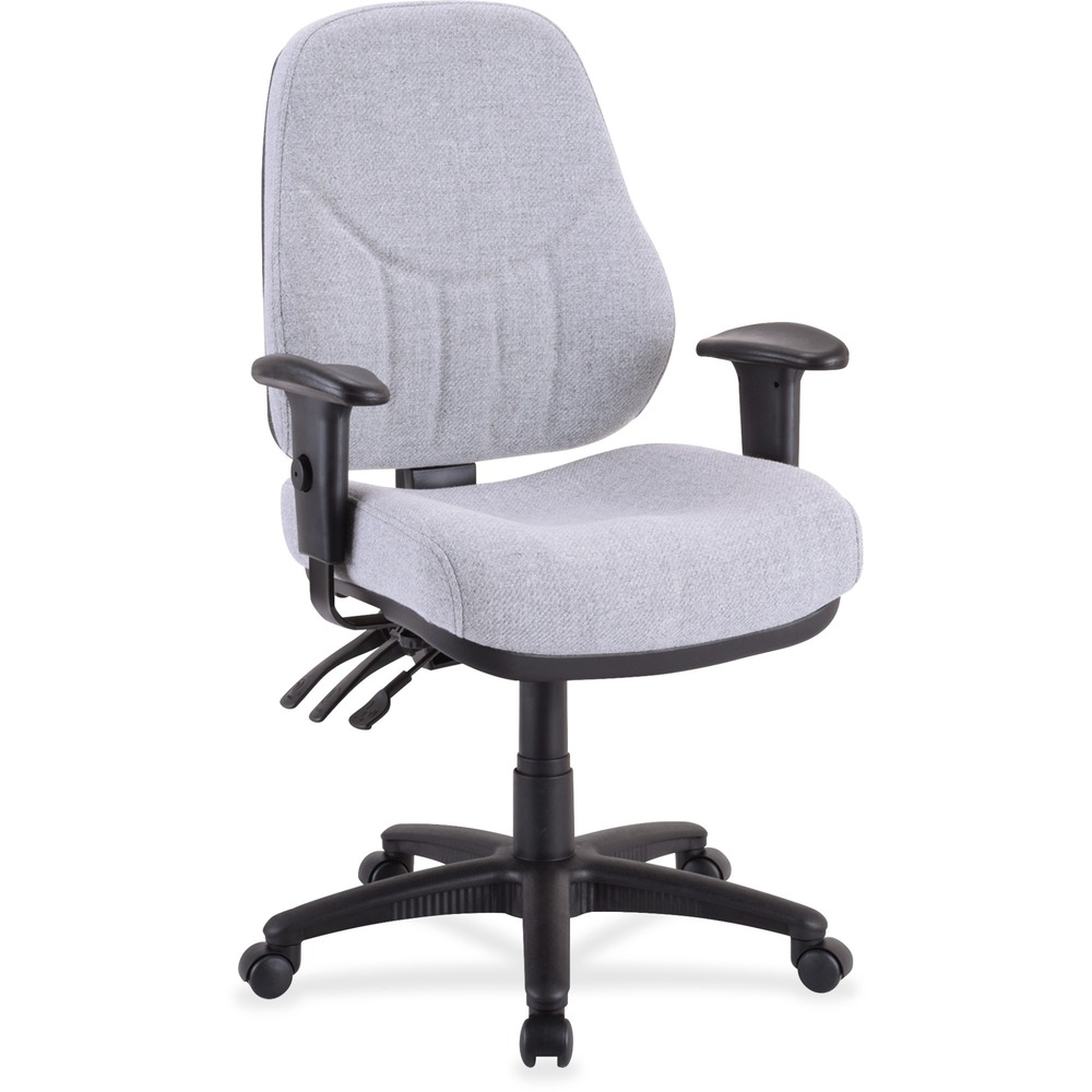 LLR81100 - Deep molded seat and back of this high-back, multi-task chair provide added comfort. The chair also features pronounced lumbar support with 2" back height adjustment. Posture control allows pneumatic seat-height adjustment (18-9/10" to 22-2/5"), back-height adjustment, 360-degree swivel and asynchronous control. Adjustable height and width arms provide additional comfort. Chair is available in black frame only. The fabric is 100 percent acrylic. Abrasion rating is 30,000 cycles. The back measures 20-1/2" wide x 7" thick x 23" high. Chair offers a 225 lb. capacity.