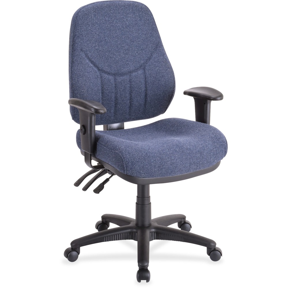 LLR81101 - Deep molded seat and back of this high-back, multi-task chair provide added comfort. The chair also features pronounced lumbar support with 2" back height adjustment. Posture control allows pneumatic seat-height adjustment (18-9/10" to 22-2/5"), back-height adjustment, 360-degree swivel and asynchronous control. Adjustable height and width arms provide additional comfort. Chair is available in black frame only. The fabric is 100 percent acrylic. Abrasion rating is 30,000 cycles. The back measures 20-1/2" wide x 7" thick x 23" high. Chair offers a 225 lb. capacity.