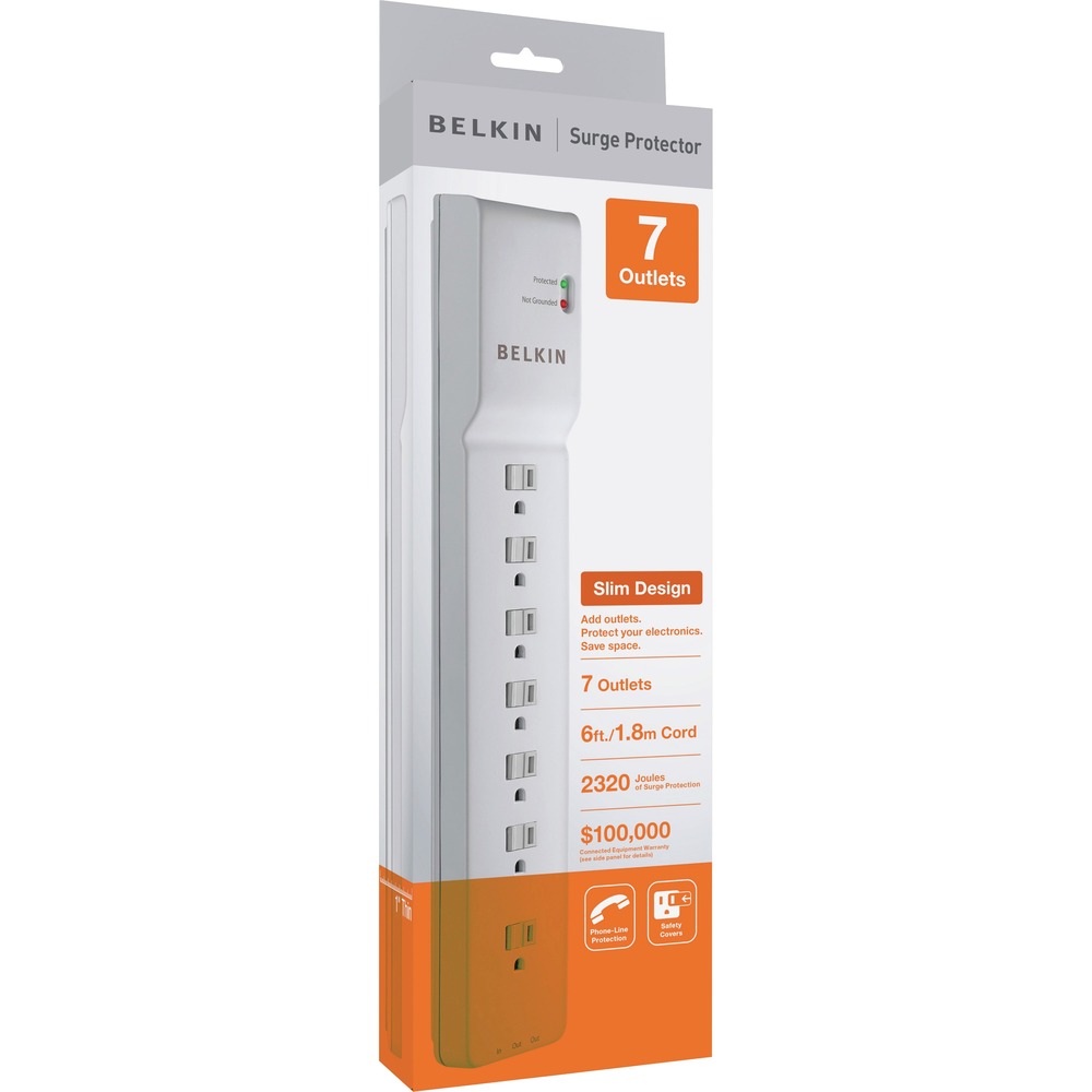 BLKBE10720006 - The 7-Outlet SurgeMaster Surge Protector offers three-line AC Surge protection for small home office computer and standard household electronics. 6' power cord delivers optimal, safe AC power through a 14-gauge heavy-duty cord. Surge protector filters EMI/RFI noise up to 43 dB reduction and features right-angle plug and 1-in, 2-out RJ11 telephone/fax protection.
