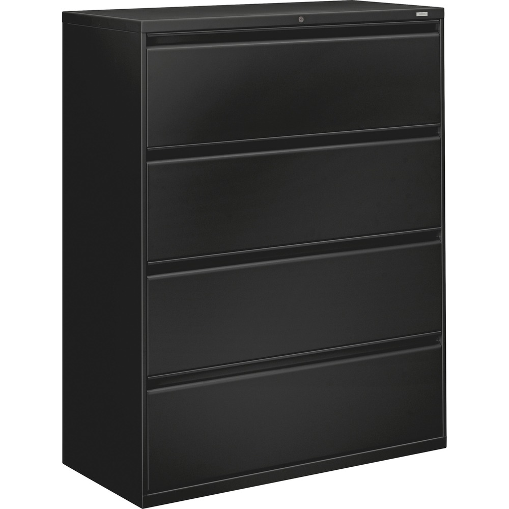 HON894LP - Lateral file offers clean lines, reinforced case construction, dual side locks for security, and full-width, designer-style handles with magnetic label holders. Baked enamel finish over rust-inhibiting, phosphate pretreatment adds more durability. Three-part, telescoping, ball-bearing suspension delivers smooth drawer operation. Drawers accommodate letter-size or legal-size folders from side-to-side with included adjustable hangrails. Drawers are flush at the top and sides and feature drawer-extension restraint. Mechanical interlock allows only one drawer to open at a time. Lateral file also offers four adjustable leveling guides for stabilizing and HON One Key interchangeable, core-removable lock. Lock mechanism secures both sides of drawers.