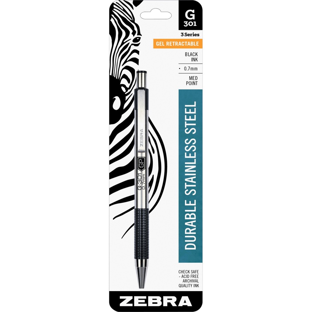 ZEB41311 - G-301 Gel Retractable Pen features a stainless steel barrel, medium point and nonslip textured grip for writing comfort and control. Grip color matches ink color. Use the sturdy, metal pocket clip to attach the gel pen to notebooks or pockets. Gel pen is refillable with Zebra's JK-Refill. More from the Manufacturer