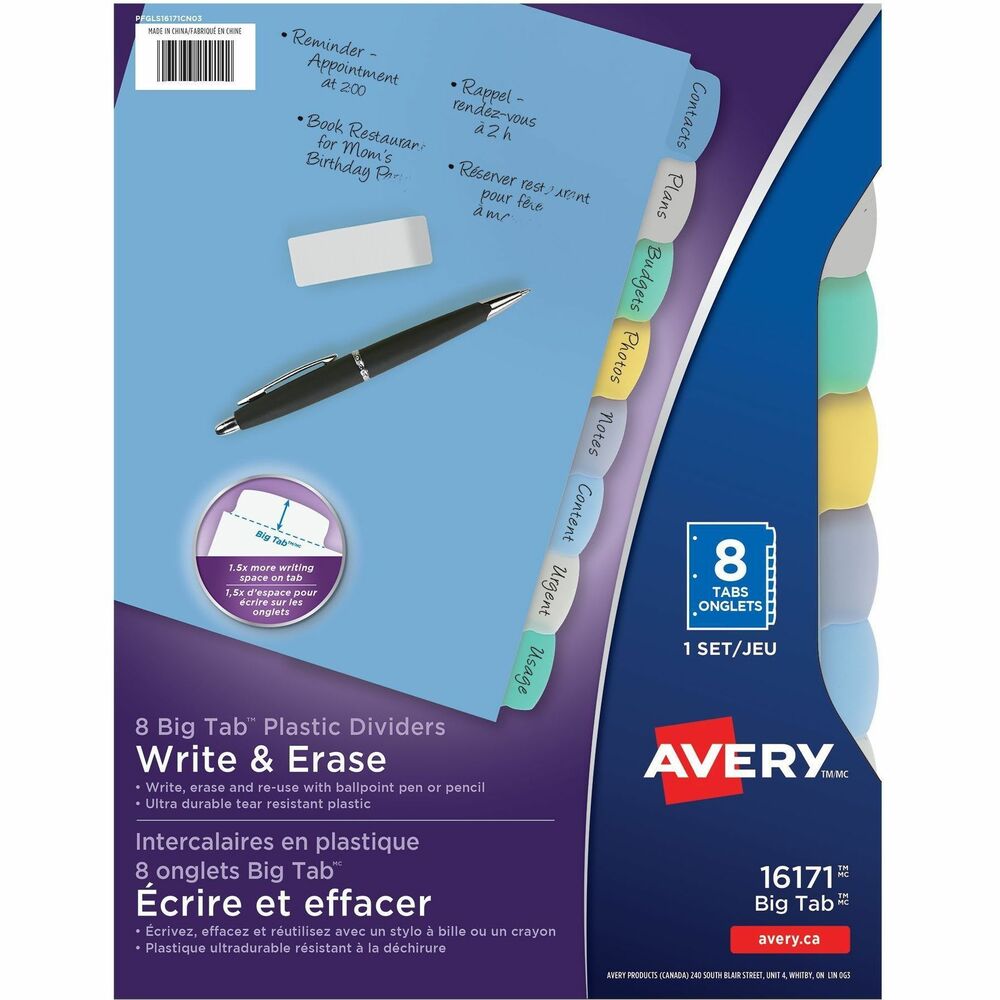 AVE16171 - Write-on dividers are made of durable plastic for frequent reference. Customize entire divider using a ballpoint pen or pencil. To reuse, just erase and write on again. Dividers are translucent and multicolored. Bigger tabs provide 50 percent more writing space than standard tabs. More from the Manufacturer