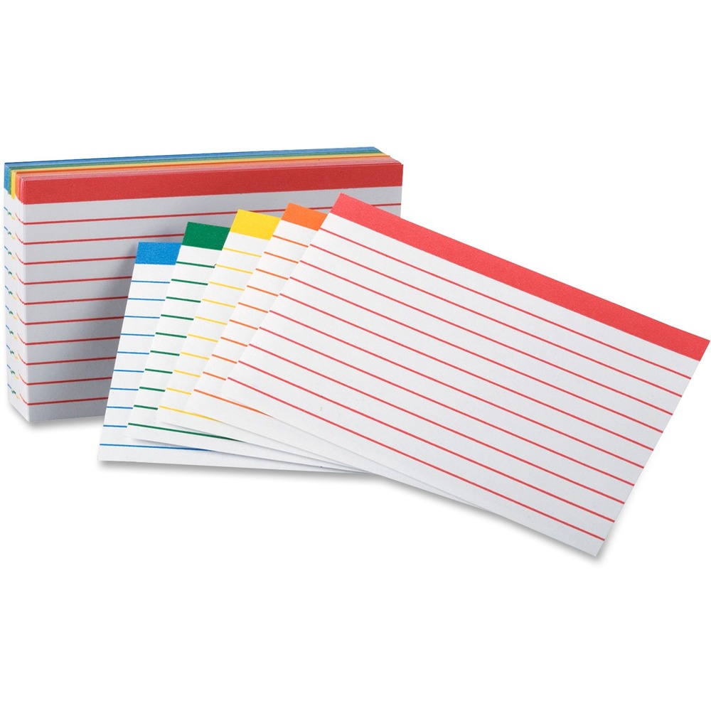 OXF04753 - Unique, ruled index cards feature coordinated color bars on top with matching color rules. Colors of index cards make color-coding easy. Colors include blue, green, yellow, orange and red. Cardstock is acid-free.