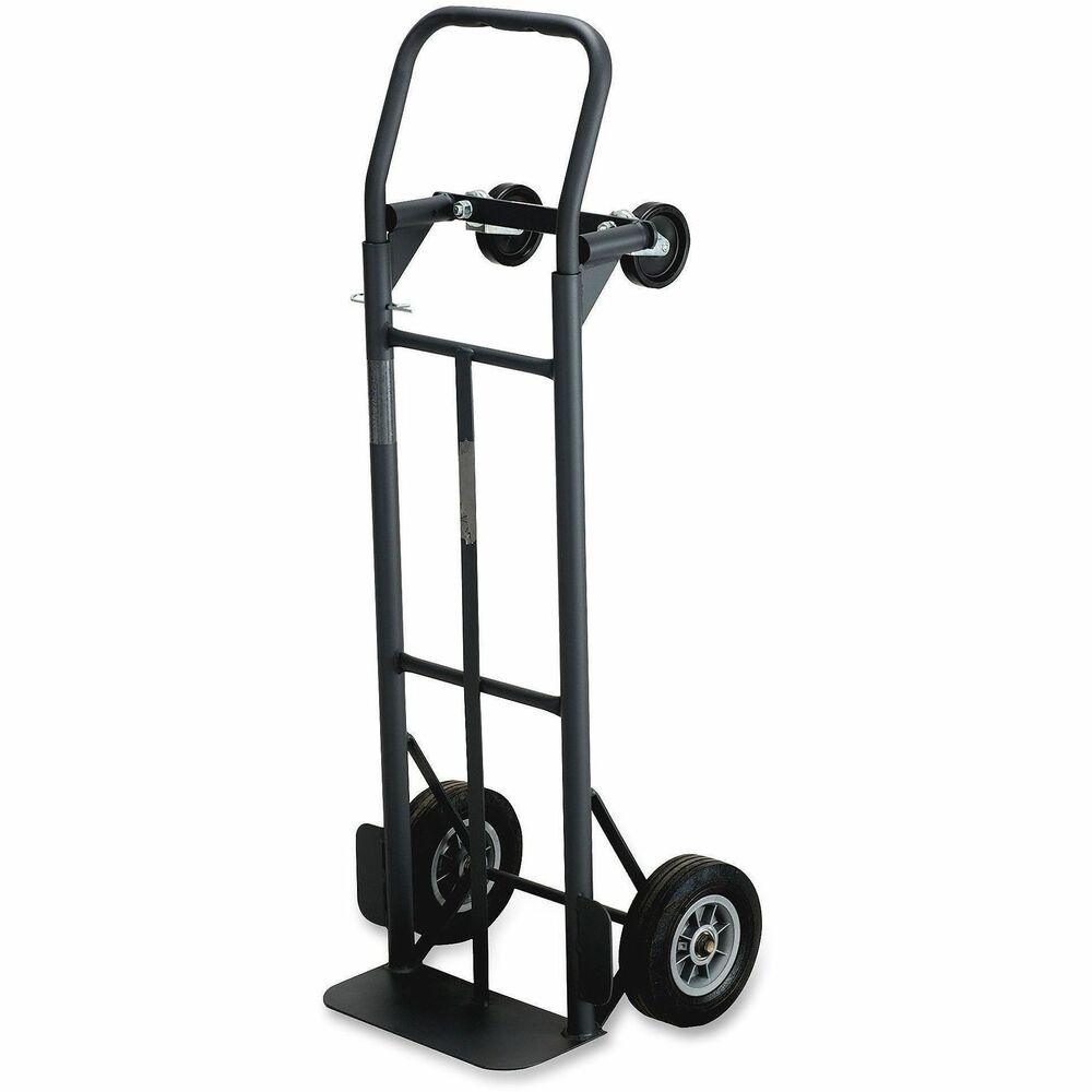 SAF4070 - Convertible hand truck is functional and built to last. Versatile design easily converts from a two-wheeled hand truck to a four-wheeled platform truck. Simply slide handle out of one set of tubes and into another. Two-wheel position holds 400 lb. Four-wheel position holds 500 lb. Heavy-gauge, tubular steel frame has welded joints for extra strength, powder-coat finish and a 14" x 7" toe plate. 8" solid rubber wheels have ball bearings and 4" solid rubber casters.
