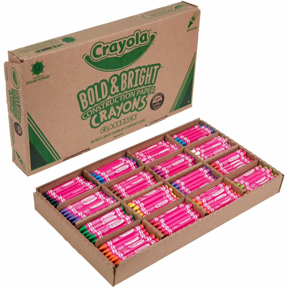 CYO521617 - Construction Paper Crayons allow the flexibility to color on a variety of paper types including craft paper, paper bags, cardboard and light-colored/dark-colored construction paper. Crayons are double-wrapped for added strength with the color name on the label and packed in a sturdy, compartmentalized, convenient, reusable Classpack. Each box contains 25 each of 16 colors: pink, red, red-orange, orange, yellow-orange, yellow, yellow-green, green, blue-green, blue, blue violet, violet, red-violet, brown, black and white. Crayons are certified AP nontoxic and conform to ASTM D-4236.
