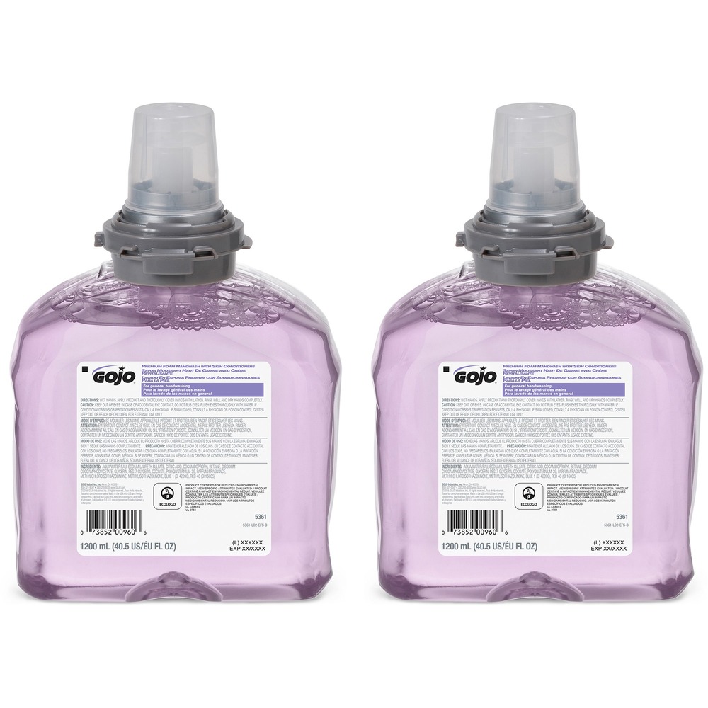 GOJ536102 - Foam soap refill is designed for use with GOJO TFX Touch Free Dispensing Systems. Foam soap provides a rich, thick lather with fresh fragrances and conditioners that are gentle on skin, cranberry fragrance and a translucent purple color. Sanitary-sealed collapsible-bottle keeps germs out. Refill snaps securely into place with an audible click. Every refill has a fresh dispensing valve. 1200 ml. refill delivers approximately 2,000 handwashes.