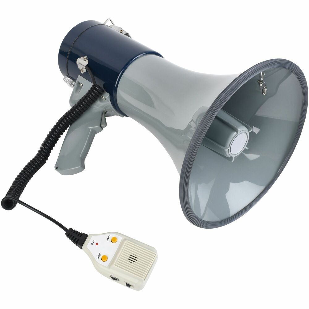 TCO27900 - Powerful, lightweight megaphone features audible range of up to 800 yards. Adjustable volume control may be snapped onto back of megaphone or carried alone with attached cord. Megaphone features a siren for emergency situations, shoulder strap for easy handling and sturdy ABS body. Maximum output power is 25 watts. Megaphone operates with eight C batteries (sold separately).