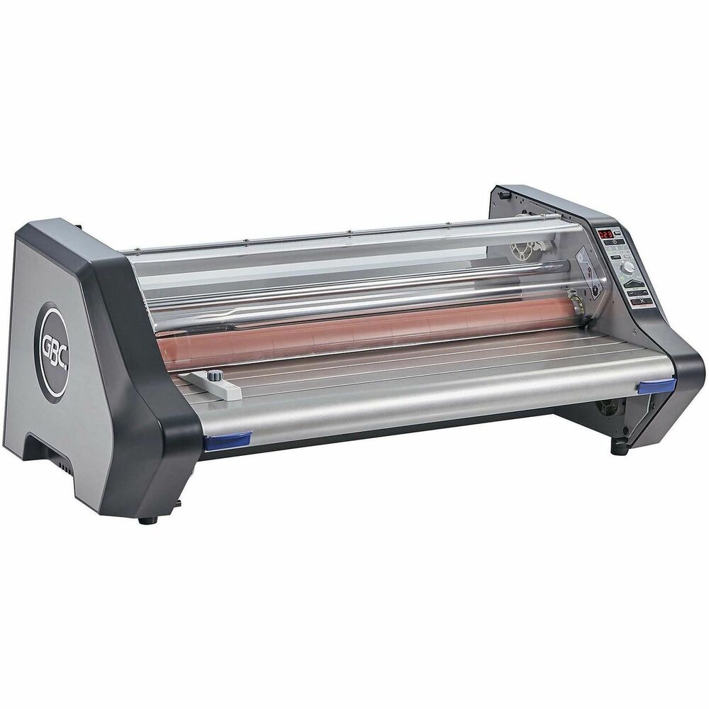 GBC1710740 - High-volume, extra-wide roll system provides high-quality results and laminates up to 27" wide at 10' per minute. Use with up to 3 mil roll film on a 1" core. Infrared heat rollers warm up in 10 minutes and eliminate cold spots for flawless lamination. One-touch keypad with preset temperature and speed controls makes it easy to use. Protective shield provides added safety. Auto standby after 1 hour and auto shutoff after 2 hours of nonuse conserve energy. LED light and audible alert signal 10-minute warm-up is complete. Laminator offers a built-in horizontal trimmer and motorized reverse function.