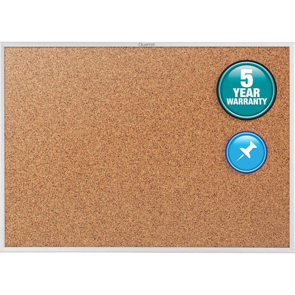 QRT2307 - Corkboard with aluminum frame features long-lasting, thick, resilient cork. Ideal for breakrooms and home offices. Dense, nonporous cork holds pushpins tightly. Corkboard has a dense, fibrous fiberboard backing, primed and sealed to reduce moisture absorption and resist warping. Mounting system makes hanging simple and allows horizontal or vertical mounting