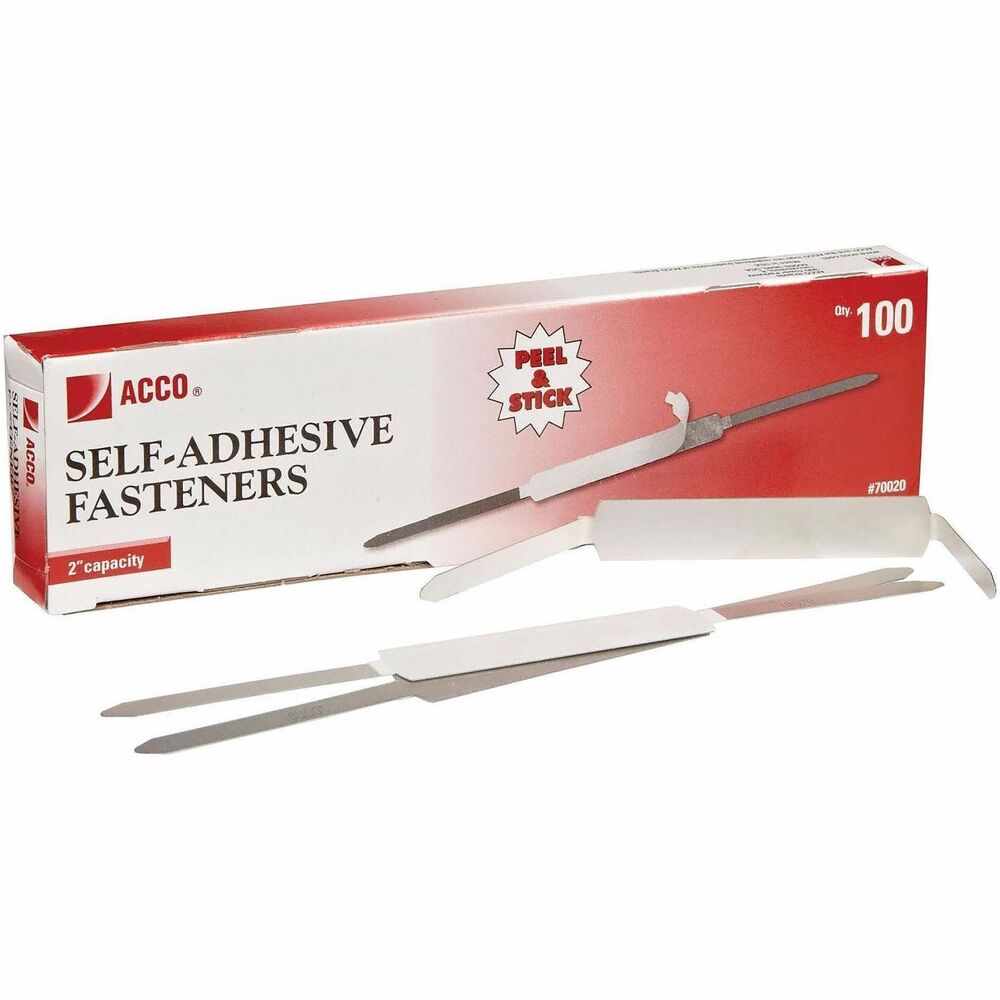 ACC70020 - These self-adhesive fasteners are the economical way to keep documents from falling out of folders and getting lost. Peel away backing and stick in position with permanent adhesive on back. Handy positioning guide on box assures correct placement. Fastener holds up to 2" of paper.