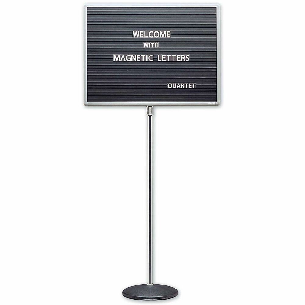 QRT7920M - Standing magnetic letterboard features a chrome finish stand with weighted black base for stability. Adjusts from 45" to 62". Set up, update and change quickly and easily with magnetic letters (sold separately). Letterboard is single-sided.
