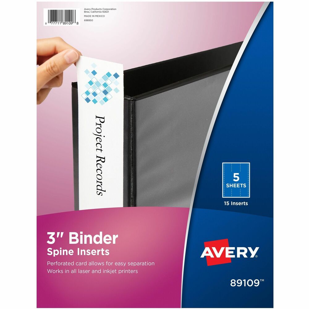 AVE89109 - Show off the spine of a champion with Avery(R) 3" Binder Spine Inserts for 3 ring binders with 3.5" spine width. Customization of Avery(R) 89109(TM) is a snap with free templates, fonts and designs on the Avery(R) site, and you can print your completed spine inserts on a laser or inkjet printer. Microperforated sheets of cardstock separate easily for 3 ring binder spine inserts with smooth clean edges; sturdy cardstock makes them easier to insert into the view binder spine. Label binder spines for meetings, clients, personal reference or any of a host of other uses. Pack of 15 spine ID inserts are perfect for organizing binders at home, school or work. More from the Manufacturer