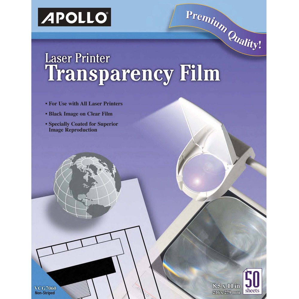 APOCG7060 - Premium-quality transparency film provides black images on clear film. Film is compatible with all laser printers and designed without a sensing stripe so you can use it in printers and copiers that don't require sensing detection to feed film through paper tray. Film is specially coated for superior image reproduction.