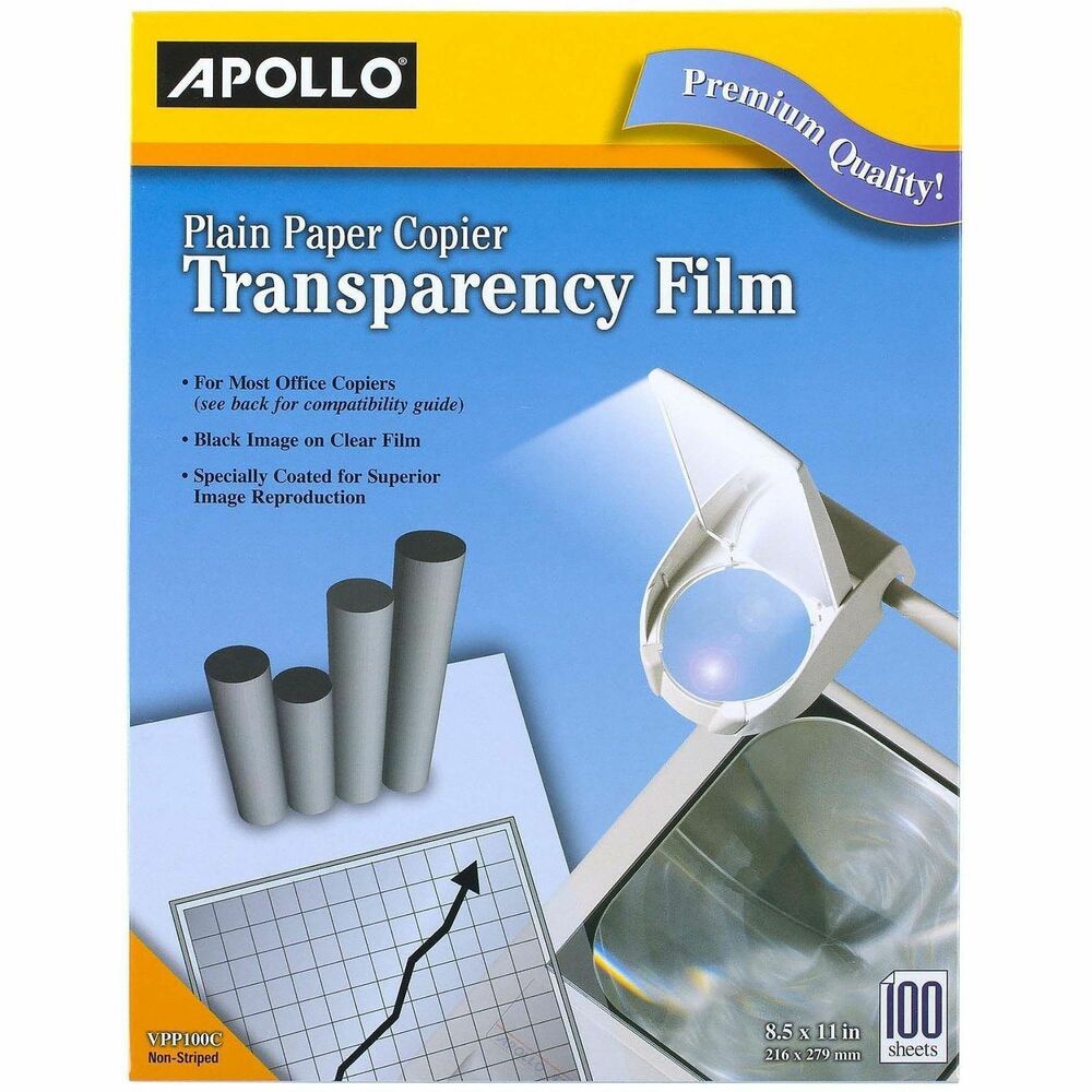APOPP100C - Create brilliant charts, graphs and spreadsheets from office copiers with Plain Paper Copier Transparency Film. Premium film is specially coated to create detailed black images on clear background. Heat-stable film stays flat, and special coatings eliminate static to provide superior adhesion. Transparency film has no sensing stripe.
