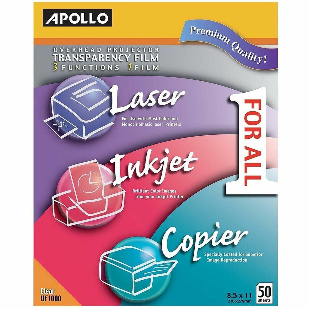APOUF1000E - Eliminate the confusion about which transparency to use. All-purpose transparency film works in most plain paper copiers, inkjet printers and monochrome and color laser printers.