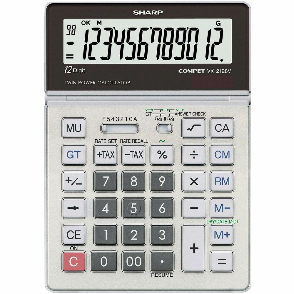 Sharp Calculators VX-2128V 12-Digit Commercial Desktop Calculator - 4-Key Memory, Sign Change, Backspace Key, Auto Power Off, Fixed Decimal, Double Zero - 12 Digits - LCD - Battery/Solar Powered - 1.1" Height x 5.5" Width x 8.2" Depth - Silver, Black - 1 