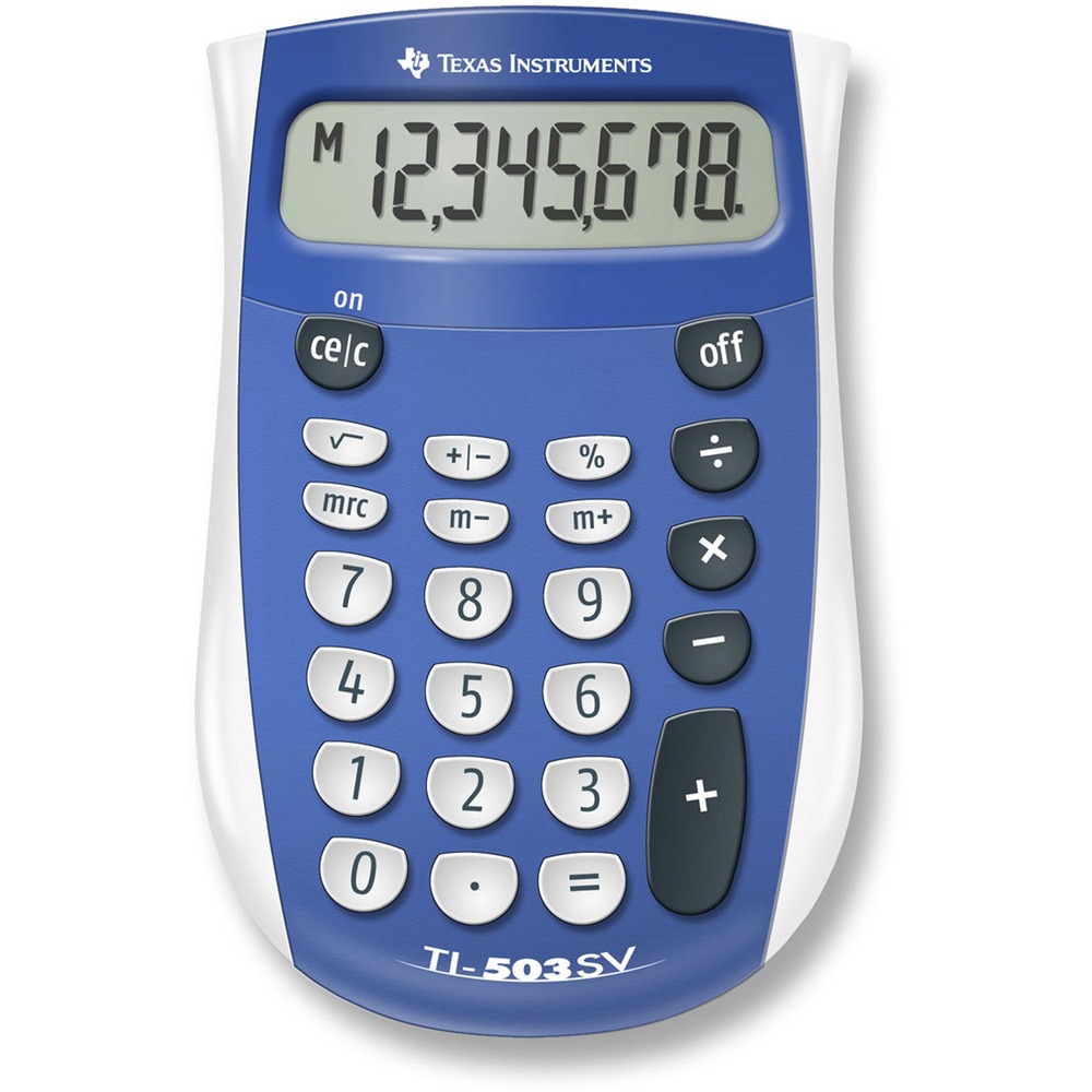 TEXTI503SV - Handheld 8-digit calculator features SuperView display and well-spaced rubber keys for accuracy. Change sign (+/-) key simplifies entry of negative numbers. Calculator is battery-powered for operation anywhere. Automatic power down delivers a longer battery life.
