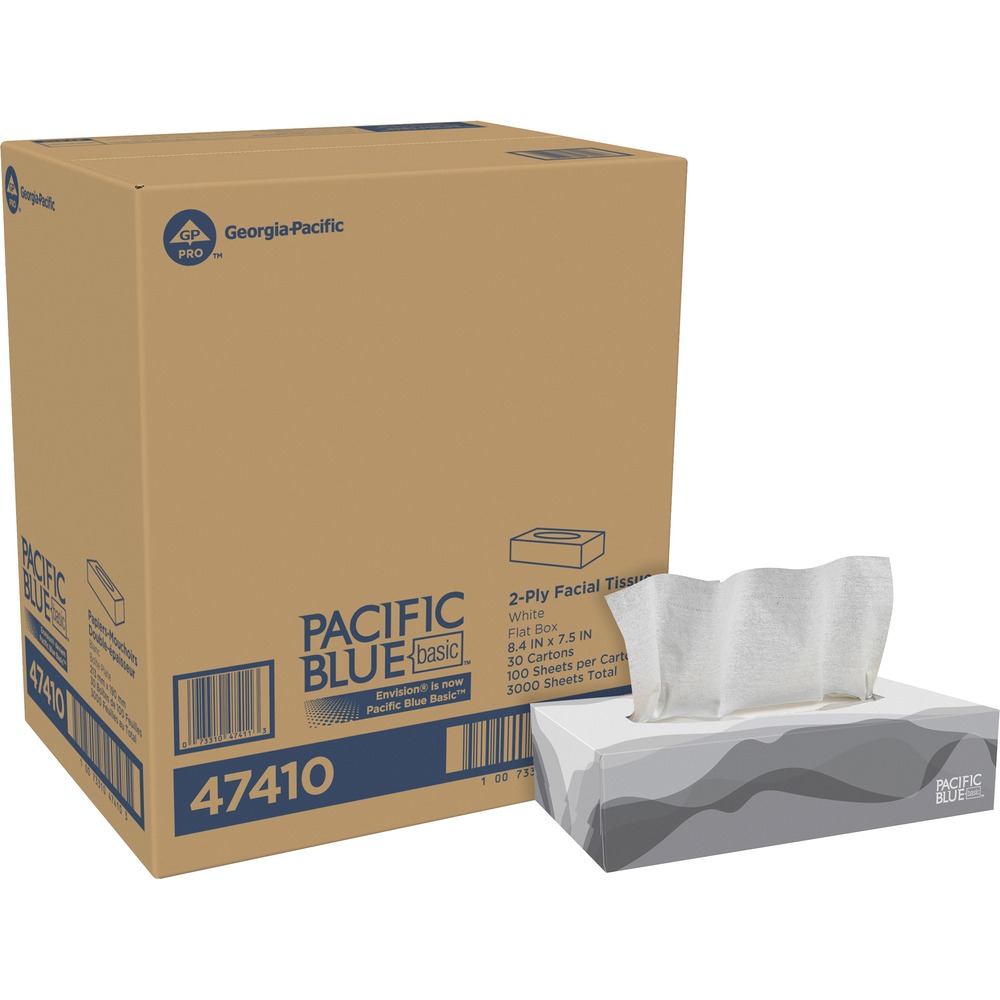 GPC47410 - Economy facial tissue provides reliable performance. Economical, white, two-ply facial tissue with 100 tissue sheets per box offers a two-ply solution for all areas. This product is engineered to meet EPA guidelines for minimum post-consumer material recycled fiber content. Customers will appreciate this reliably performing facial tissue, while you appreciate the savings. More from the Manufacturer