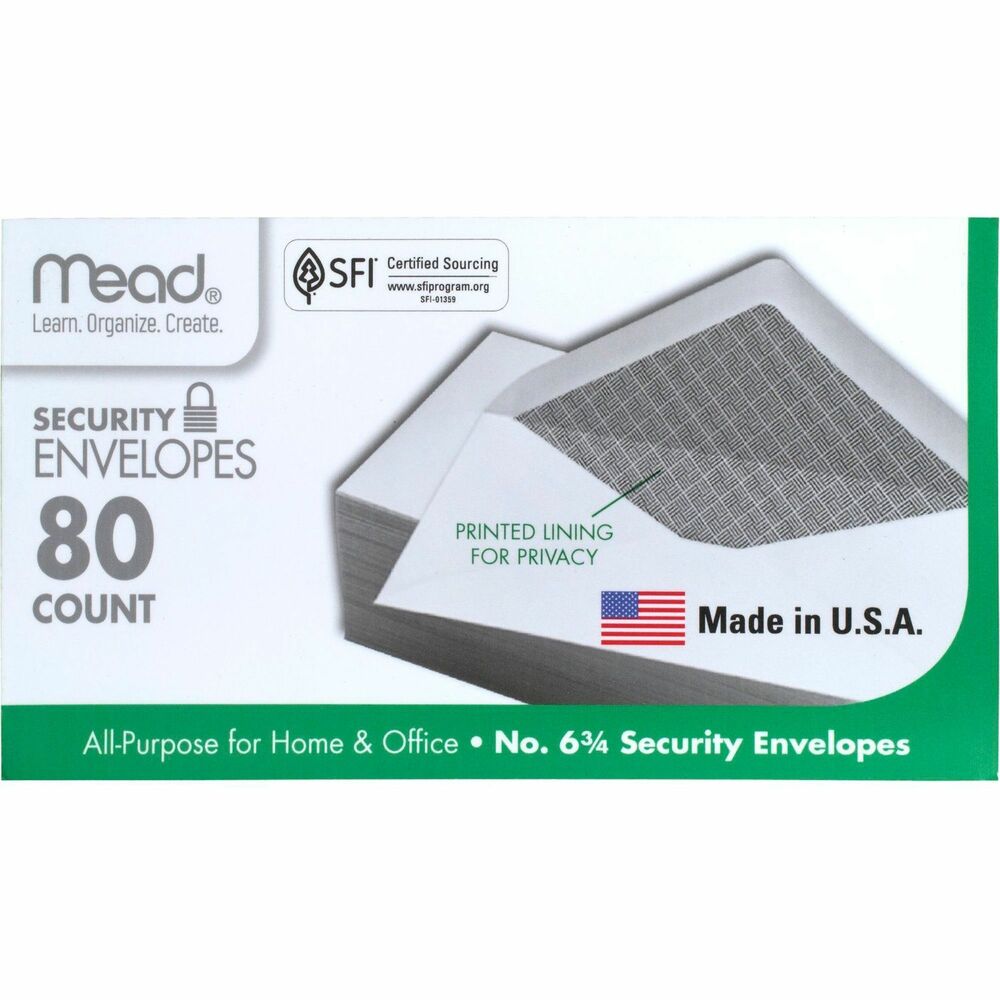 MEA75212 - Keep prying eyes off your important documents with this No. 6.75 security envelope with a security tint. The printed lining for privacy is ideal for sending confidential mail. Diagonal flap is fully gummed for secure seal. Each envelope is 20 lb.