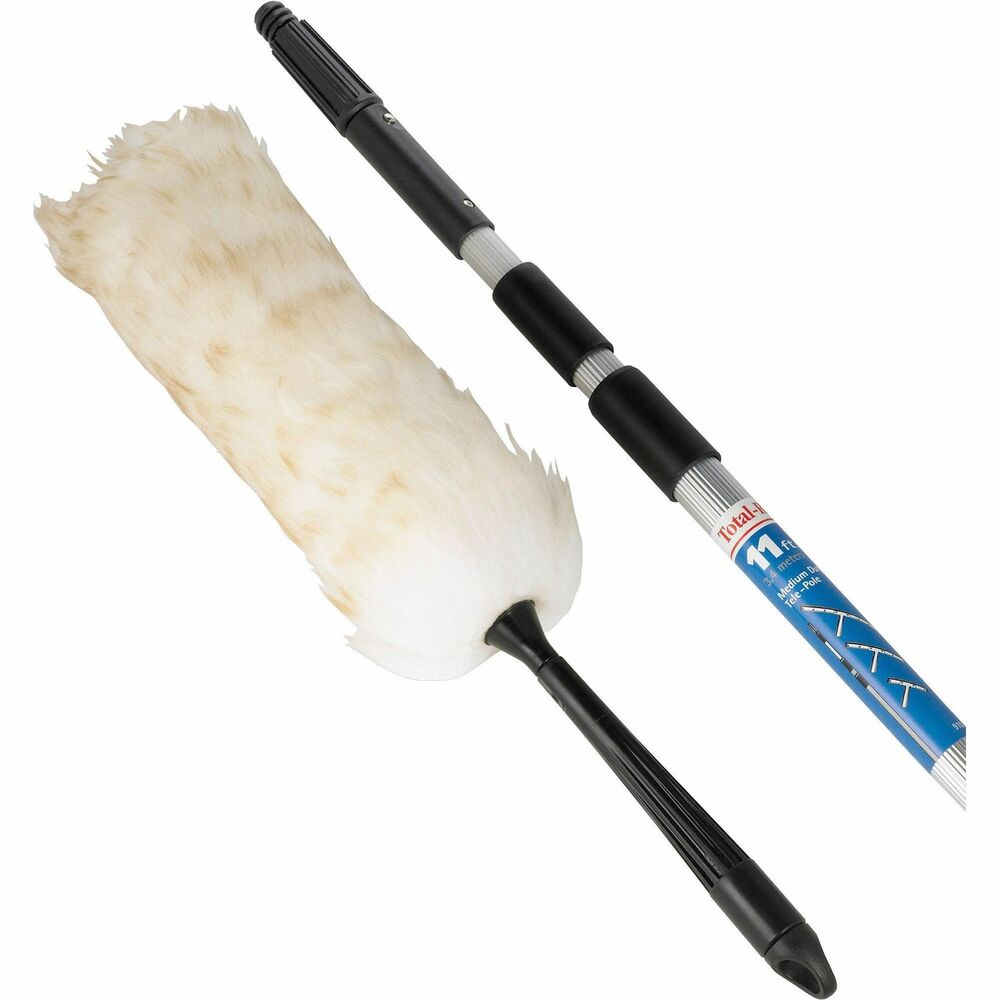 UNG95021 - Natural lamb wool attracts and holds dust with no need for cleaning chemicals. The lightweight aluminum, three-section, interlocking, telescoping pole extends your reach up to 11' to safely clean high ceilings, corners, walls and shelves. Wool duster is washable and reusable. Simply spin duster between hands to shake out dust after use, wash in lukewarm water and drip dry. The included, snap-in taper cone adapter allows easy attachment of squeegees, wash brushes, light bulb changers and other tools as you work. Pole telescopes down to 52" for easy storage.