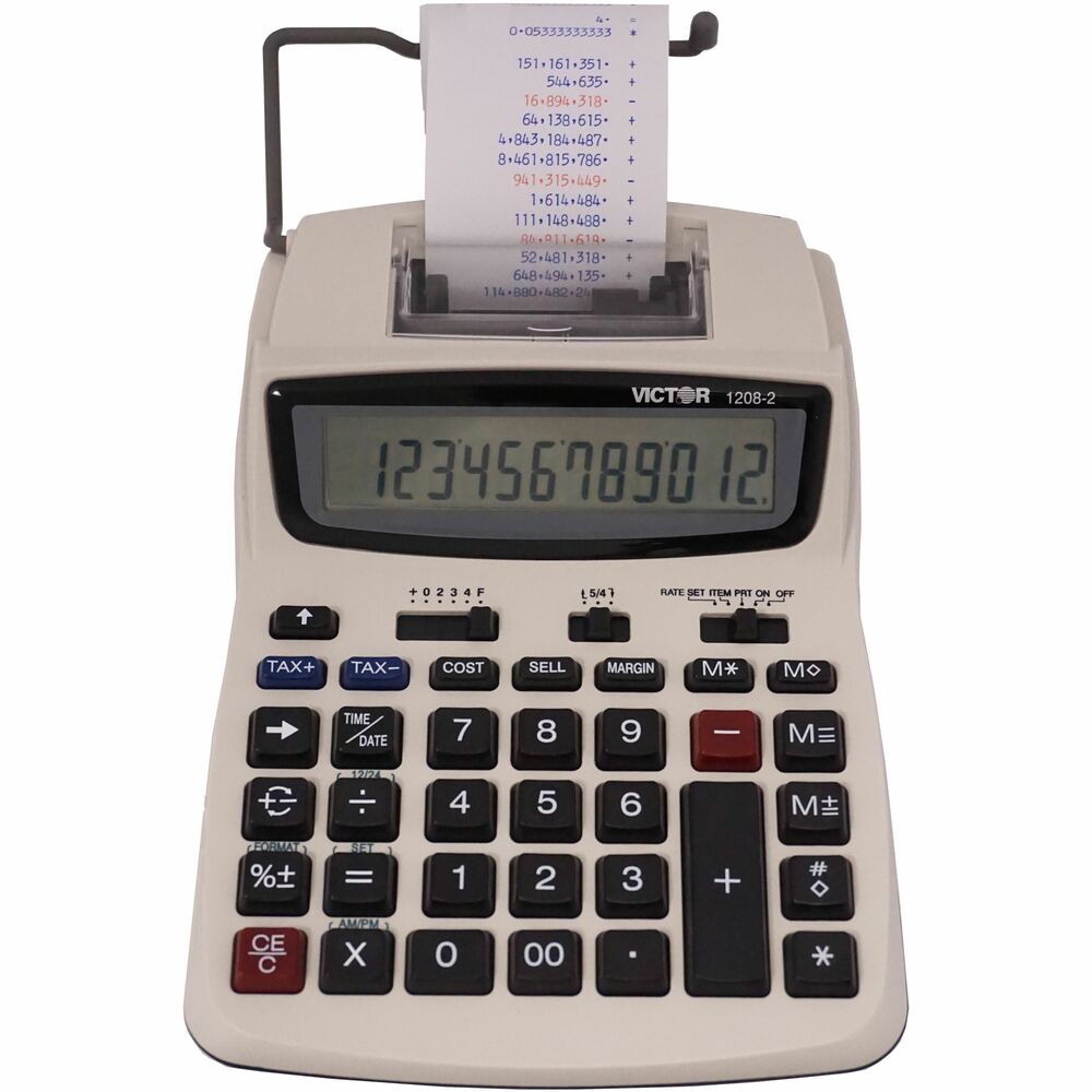 VCT12082 - Compact two-color printing calculator features an extra-large, 12-digit liquid crystal display (LCD) and useful functions. Print 2.3 lines per second in two colors (black and red). Enter two cost/sell/margin variables, and the third appears and prints. Calculator displays and prints current time or date. The time or date can be displayed and printed by depressing the time key. Functions include tax +/- keys, four-key memory, change sign, percent and date/nonadd keys, item count, percent key and automatic constants. Calculator operates on AC/DC with the included AC adapter. Four AA batteries are sold separately. More from the Manufacturer