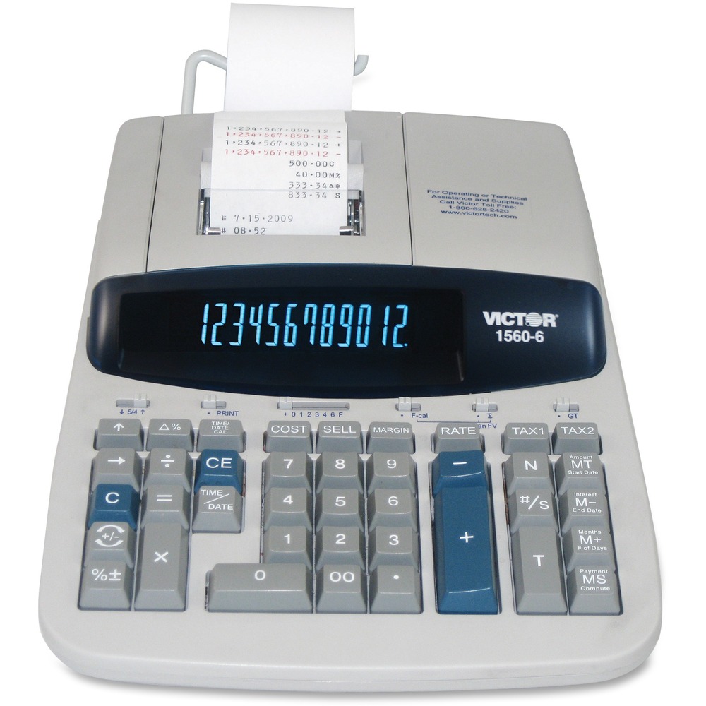 VCT15606 - Printing calculator offers an extra-large fluorescent display with 12 digits and built-in metal paper arm. Print 5.2 lines per second in two colors. For amortization issues, print or display an entire schedule, specific month or any range of months. Add, subtract, multiply or divide hours and minutes or minutes and seconds for time billing or payroll applications. Cost-sell-margin keys allow you to quickly and easily solve CSM problems. Enter two variables, and the third appears and prints. Days-between-dates function computes the number of days between dates or you can compute the proper date by entering the number of days. Use financial features to enter amount, term and interest rate to solve for payment. Other functions include two independent tax keys, four-key memory, backspace key, automatic tax keys, units price mode, grand total, percent key, markup/down key, delta percent key, averaging and square root and time/calendar. Calculator runs on AC power. More from the Manufacturer